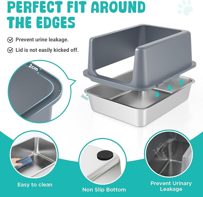 Litter Box with Lid, Stainless Steel Cat Litter Box, 10" Small Metal Litter Box for Kittens, Grey
