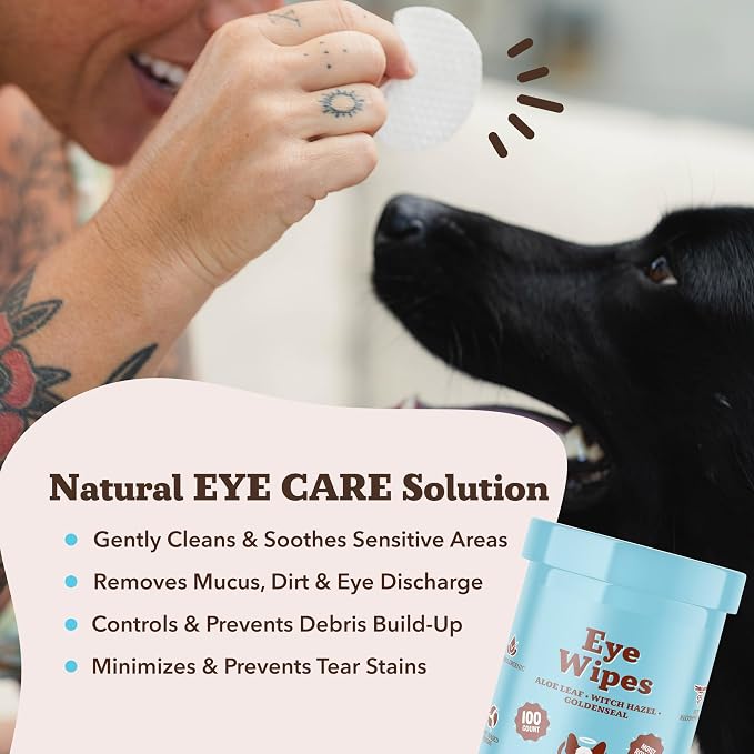 Natural Dog Company Dog Eye Wipes for Tear Stains & Eye Discharge, 100 Count – Gentle Eye Cleaning Wipes for Dogs with Aloe Vera & Witch Hazel, Removes Buildup & Eyes Gunk
