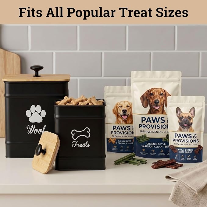 Dog Treat Container Airtight Set of 2 - 8x6 & 7x5 inch Iron Dog Treat Jars for Kitchen Counter with Airtight Bamboo Lids - 20 Cup Capacity Pet Treat Container Set - Doggie Cookie Jar - Treats Canister | Fits All Popular Treats, Up to 20 Cups Combined C...