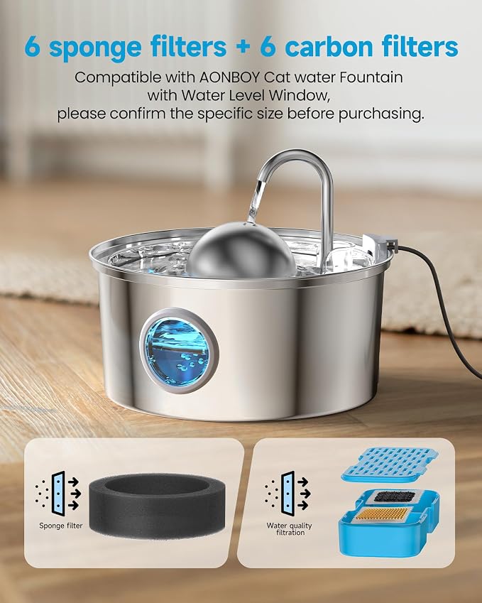 AONBOY Cat Fountain Filters Replacement: 6 Filters + 6 Cat Fountain Sponge, Suitable for AONBOY Pet Fountain S3-SC, Multiple Filtration, Isolates Floating Hairs and gets rid of Odors