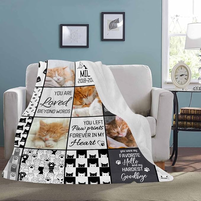 D-Story Custom Cat Photo and Name Blanket Pet Sympathy Gift Personalized Cat Sympathy Remembrance Gift for Kids and a Grieving Pet Owner