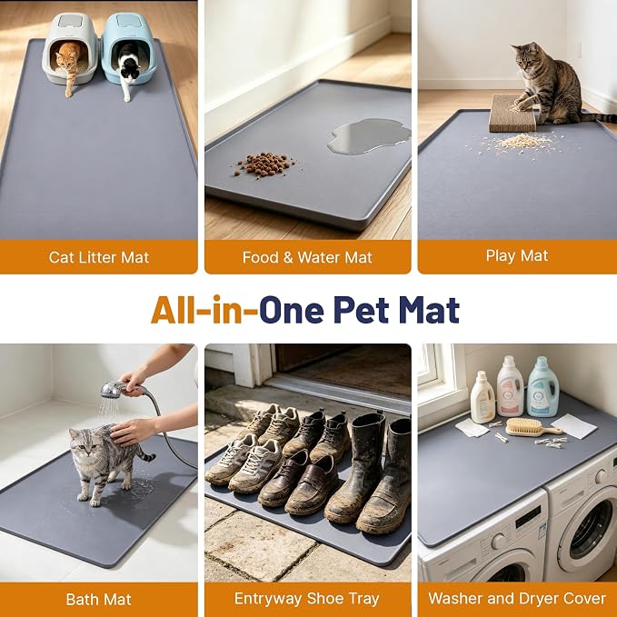 Cat Litter Mat, 51x25.6in Waterproof Silicone Litter Box Mat, Grey | XL Cat Mat Fits 1-3 Litter Boxes, Litter Trapping Mat with Raised Edges, Non-Slip Bottom, Easy Clean Kitty Litter Mat