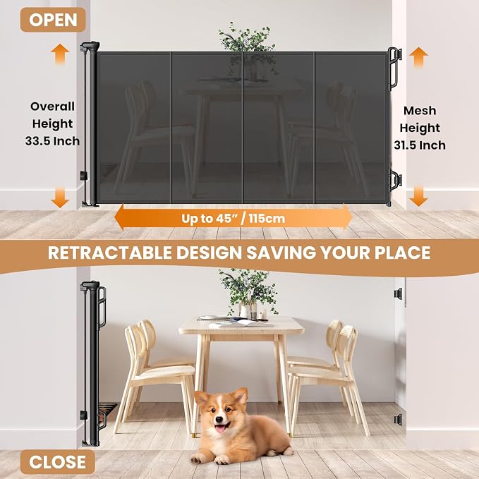 Spaceany Reinforced Retractable Baby Gate or Mesh Dog Gate,Easy to Use for Stairs, Doorways, Hallways, Indoor, Outdoor, Wide Pet Gate 33.5" Tall, Extends to 45" Wide, Black