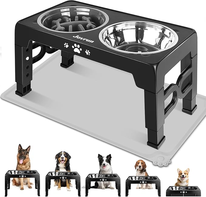 Jovrun Elevated Dog Bowls for Medium Large Dogs with Mat, Non-Slip Dog Feeder with 1*Stainless Steel Dishes & 1*Slow Feeder Bowl, 5 Heights Adjustable Raised Bowls for 3.15″-8.66″-9.84″-11.02″-12.2″