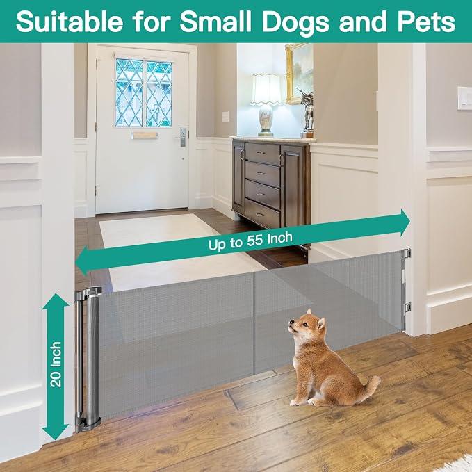 20 Inches Tall Retractable Short Dog Gate to Step Over, Short Pet Gates for The House, Extends up to 55" Wide, Small Dog Gate Indoor Puppy Gate Mesh Doggie Gates Low Dog Gate (Gray)