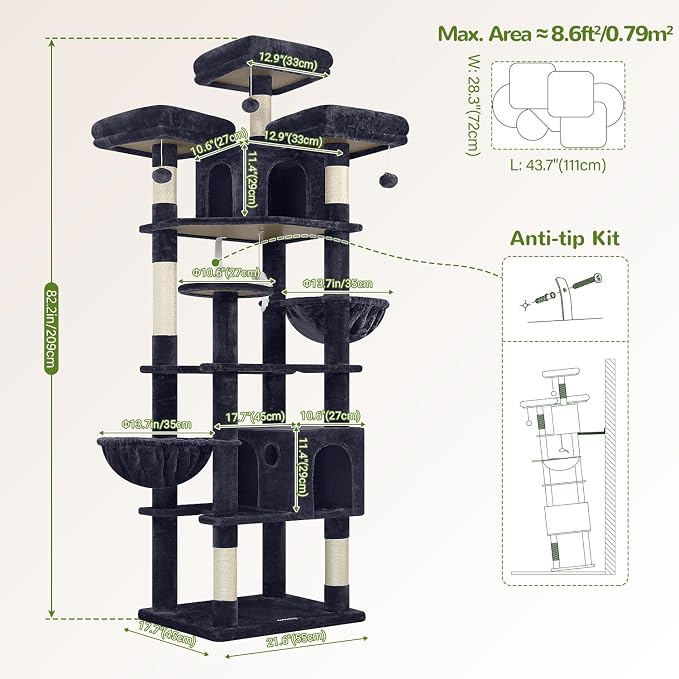 Globlazer Cat Tree Tower for Multiple Adult Cats, 82in, F82, Dark Grey | XXL Tall Cat Tree Tower for Indoor Cats with Scratching Post, 3 Perches, 2 Condos, 2 Hanging Baskets