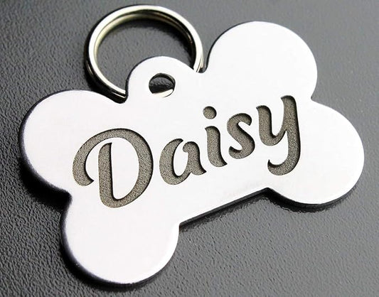 DEEP Custom Stainless Steel Pet ID Tags Front and Back Engraved Dog Tags Personalized for Dogs and Cats (Bone 1" X1-1/2)