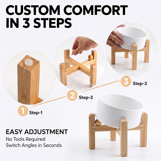 hjn Elevated Ceramic Dog Bowl 15°Slanted Raised Dog Bowl with Bamboo Stand for Small Medium Dogs and Cats, Pet Feeder -7.6-Cup (1800ml)-White