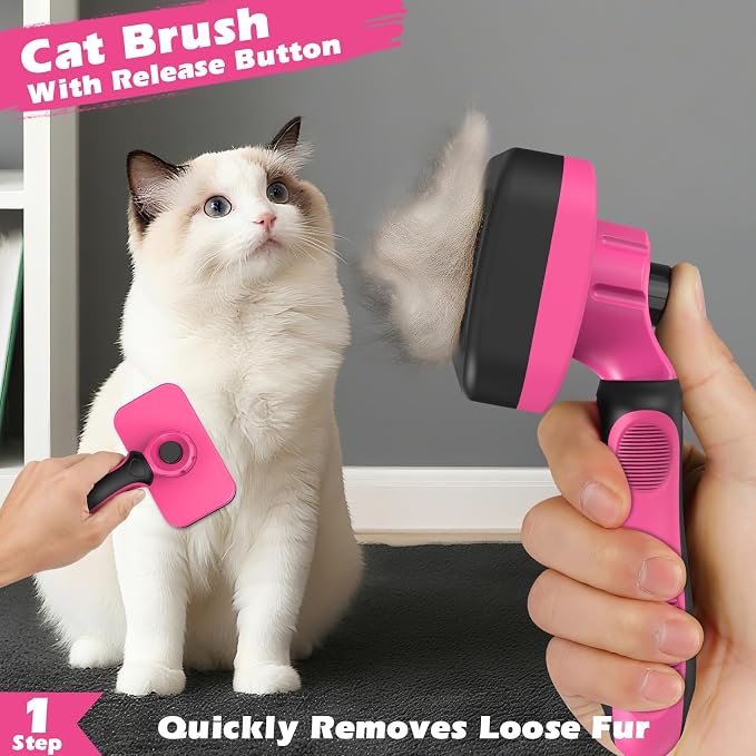 3PCS Cat Grooming Supplies, Cat Brush & Nail Clipper/Trimmer & Flea Comb for Shedding Indoor Cats Essentials Stuff Accessories (Pink)