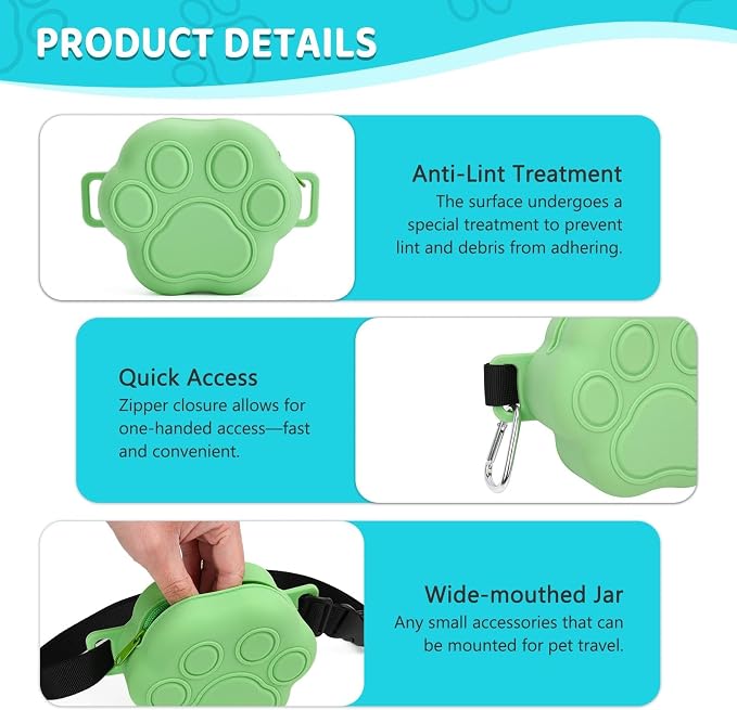 Dog Treat Pouch with Training Clicker and 2 Poop Bags, 1.8 Cup Small Sealable Zipper Silicone Fanny Pack with Waist Belt, Pet Puppy Training & Walking Essentials (Green)