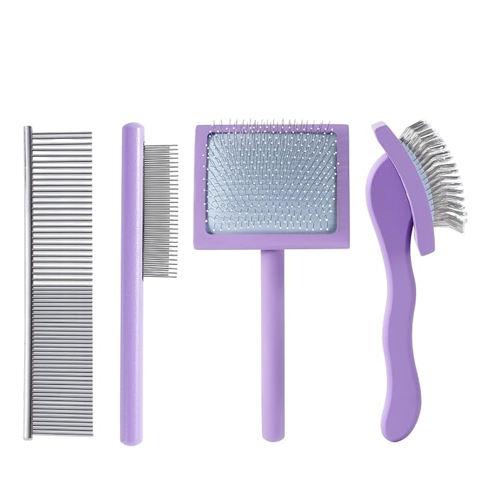 Purple Slicker Brush Long Haired Dog Wooden Handle Coated Pins | Skin-like non-slip coating, odor-free.Pins come with protective rounded tips, Ergonomic Slicker brush for long-haired dogs,