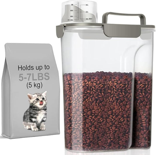 LEAWALK 5-7Lbs Cat Dog Pet Food Storage Container with Large Nozzle Design/4 Safety Buckles/Double-Layer Sealing Strips/Handle/Measuring Cup is Easy to Clean and Does -Khaki