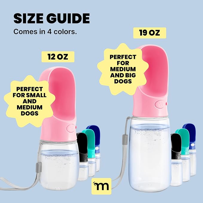 MalsiPree On the Go Dog Water Bottle - 12 oz Pink, Leak-Proof | 12oz leak-proof bottle & built-in bowl - one-hand use - Use for dog travel, hiking, park & beach days