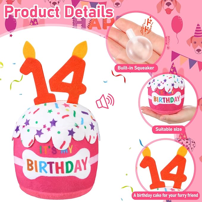 Dansydaisy Dog Birthday Cake Toy Squeaky Plush Toy for Girl Boy Gifts, Chew Accessories for Dog Birthday Party Decor Favor for Large, Medium and Small Dogs(14th,Pink)