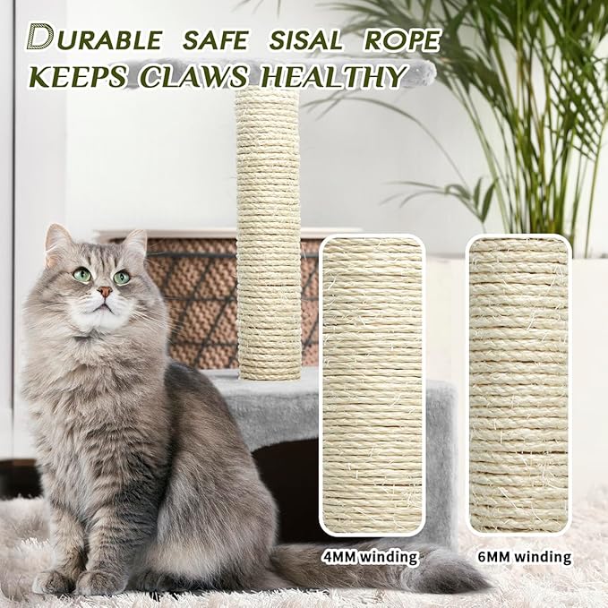 Natural Sisal Rope 1/4 Inch 6mm 98-Feet for Cat Scratching Post Tree Tower Replacement Repair and Replace, DIY Hemp Twine Rope for Cat Scratching Furniture Window Perch and Crafts Gardening