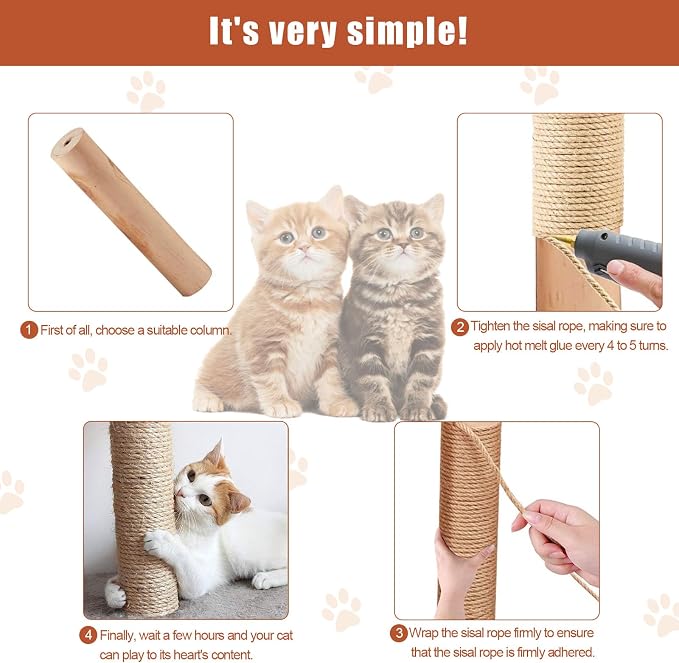 98FT/30M Natural Sisal Rope for Cat Scratching Posts, 6mm Thick Jute Hemp Cat Rope for Cat Tree Replacement, Cat Scratch Post Repair, DIY Projects, and Furniture Wrapping