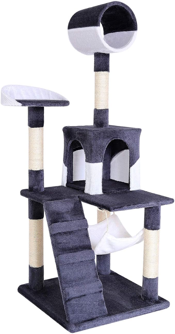 lionto Scratching Tree for Cats with Hammock & Tunnel, Height 52,4 in, cat Tree with sisal Rope & Soft Plush, Cozy Lying Areas & Caves, Suitable for Small & Large Cats, Gray/White