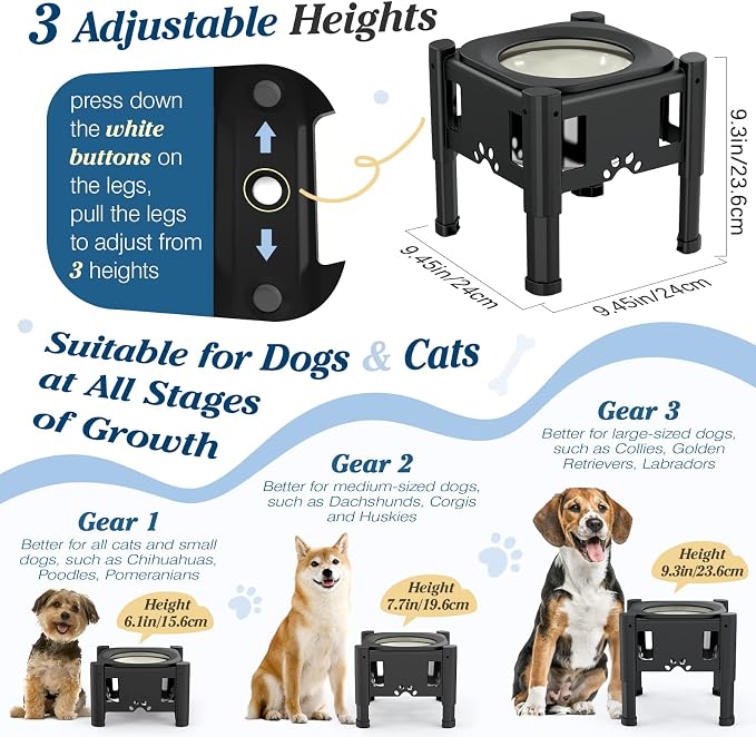 Lewondr Elevated Dog Water Bowl No Spill with 3 Heights Adjustable Stand | Water & Slow Feeder Bowls, Adjustable Dog Slow Feeder Bowl Non-Slip Dog Bowl Stand for Medium Large Breed