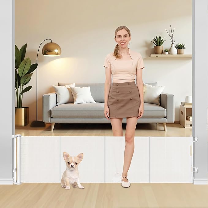 20 Inch Tall x 80 Inch Extra Wide Retractable Dog Gate for Large Openings, Easily Step Over Pet Gate, Short Dog Gate for Doorways Small Puppy Gate for Stairs Reinforced Mesh Gates Doggie Gates (White)