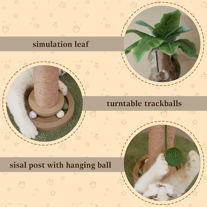 Meowoou Sisal Pole Cat Scratching Post with Wooden Ball Tracker Toy & Interactive Hanging Ball, Natural Palm Leaf Top Cat Tree Tower, 33 inch Tall Round Plush Base Pad for Indoor Kitten Scratcher