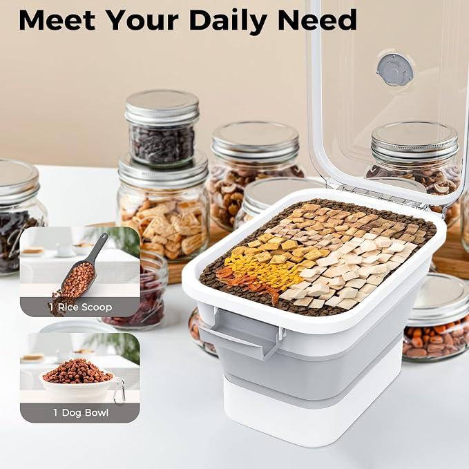 10-13Lbs Airtight Dog Food Storage Container,Collapsible Dog Food Container | Clear Pet Food Storage Container with Double Airtight Seal for Freshness,Cat Food Container One-handed Open,Save Space,Scoop