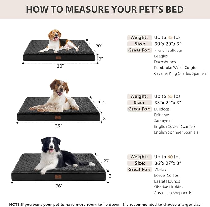 WNPETHOME Orthopedic Waterproof Large Sized Senior Dogs Bed for Comfy Sleep | Washable Ped Bed with Removable Cover, Multi-Needle Quilting Large Dogs Crate Bed for Dog Relax, Black 36x27 Inch