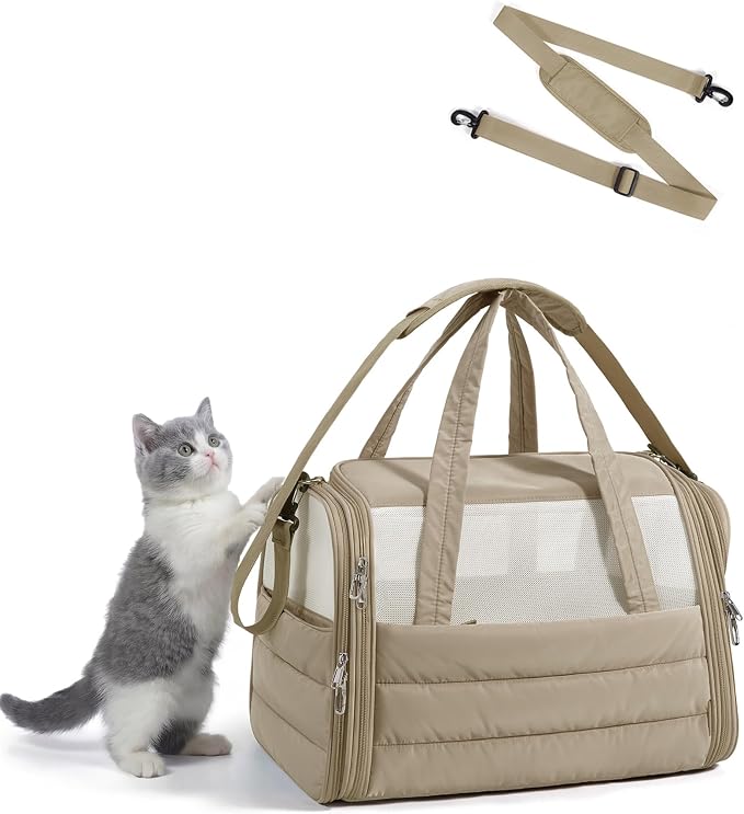 BAGSMART Cat Carrier: Soft-Sided Pet Carrier for Small Medium Cats Dogs Puppy Quilted Collapsible Puffy Travel Bag Up to 20 Lbs Brown