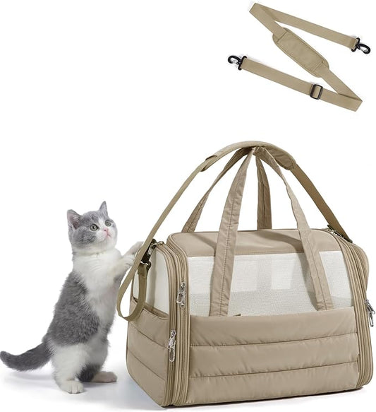 BAGSMART Cat Carrier: Soft-Sided Pet Carrier for Small Medium Cats Dogs Puppy Quilted Collapsible Puffy Travel Bag Up to 20 Lbs Brown
