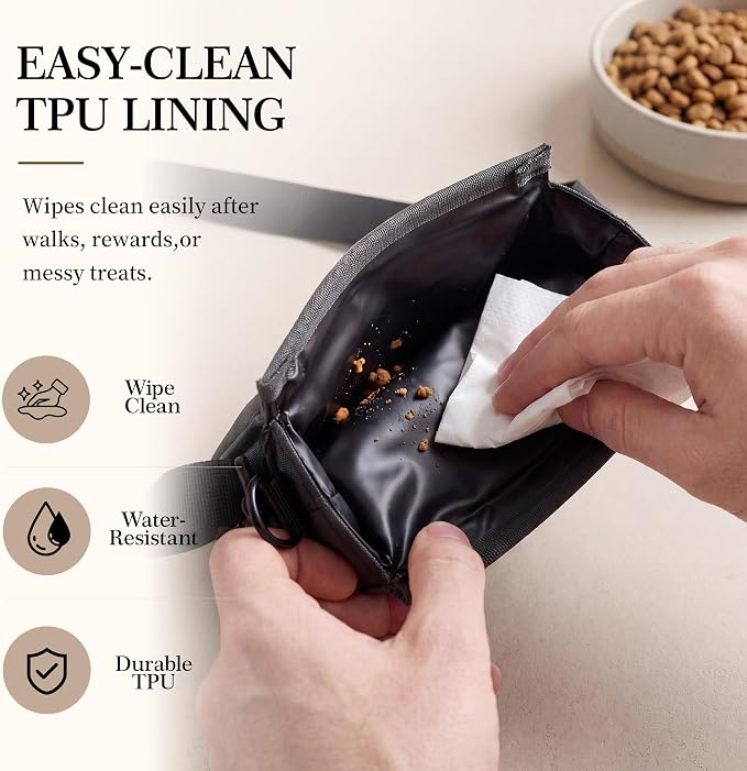 Dog Treat Pouch for Walks & Training, Stylish & Compact Treat Bag | Quick One-Hand Access, 1–1.5 Cup Capacity, Easy-Clean TPU Lining, Magnetic Closure, Rear Pocket for Keys & Essentials