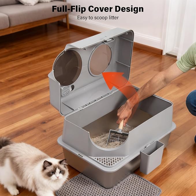 Extra Large Stainless Steel Litter Box with Lid, XL Enclosed Metal Cat Litter Pan, Front Entry Top Exit, Flip-Top, Easy Clean Leak Proof Odor Free, Includes Scoop & Mat, Grey