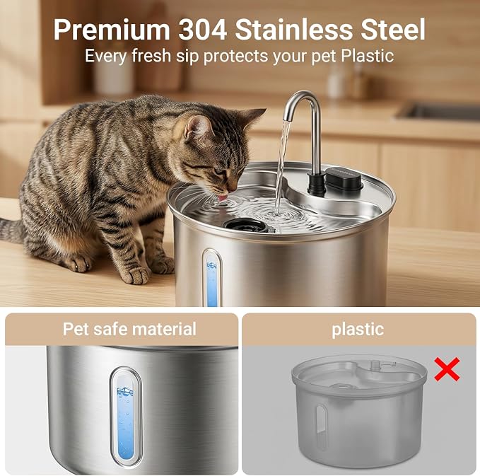 Cat Water Fountain, 118oz/3.5L Stainless Steel Cat Fountain with Ultra-Quiet Pump, LED Water Level Window, Automatic Cat Water Dispenser, 6-Layer Filtration Includes 2 Replacement Filters
