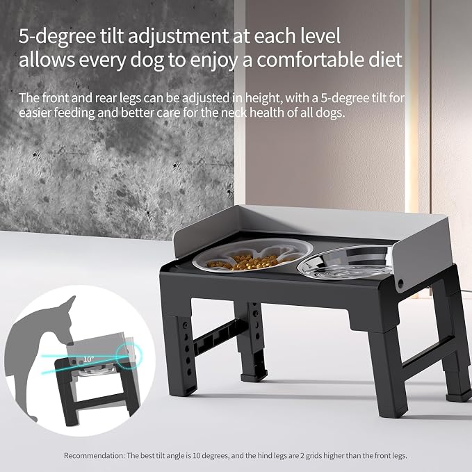 Elevated Dog Bowls for Medium and Large Dogs, Spill-Proof Tiltable Dog Feeder with Slow Feeder Bowl and Stainless Steel Water Bowl, 6-Height Adjustable Raised Dog Bowl Stand