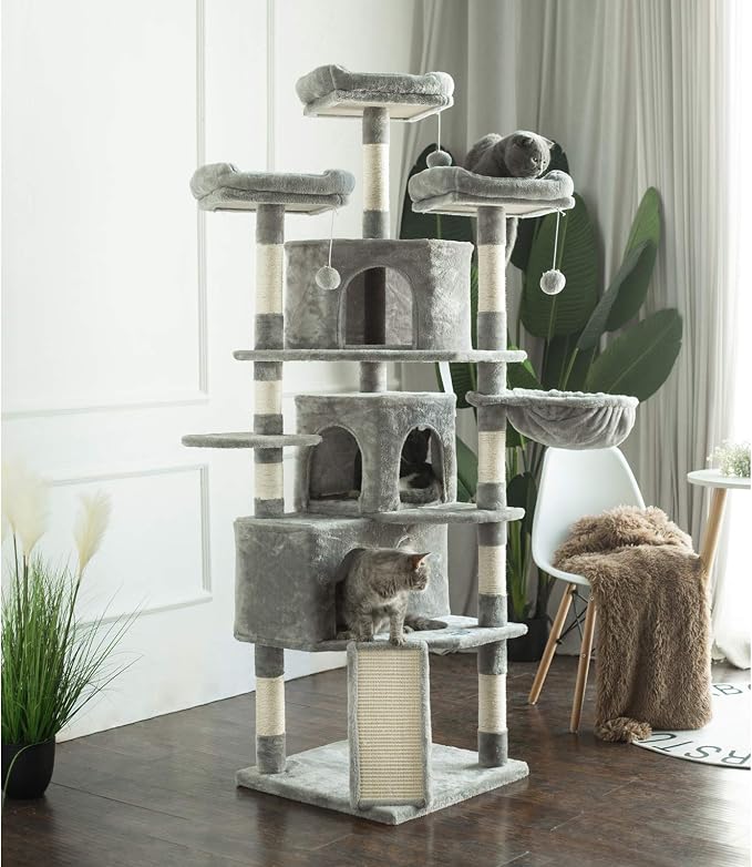 Hey-brother Cat Tree Tower with Multi-Level Large Condo, Platform, MPJ032W | 73.4 Inch Cat Tower with 3 Caves, 3 Cozy Perches, Scratching Posts, Board, Activity Center Stable for Indoor Cats, Light Gray