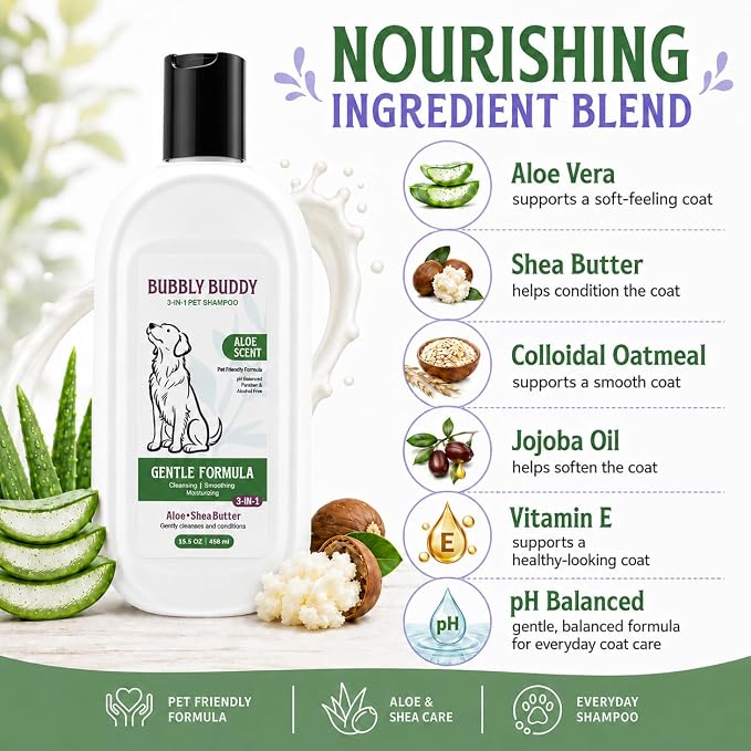 3-in-1 Pet Shampoo for Dogs, Aloe Scent Dog Shampoo and Conditioner with Aloe, Shea Butter, Colloidal Oatmeal, Jojoba Oil & Vitamin E, pH Balanced Cleansing, Smoothing & Moisturizing, 15.5 fl oz