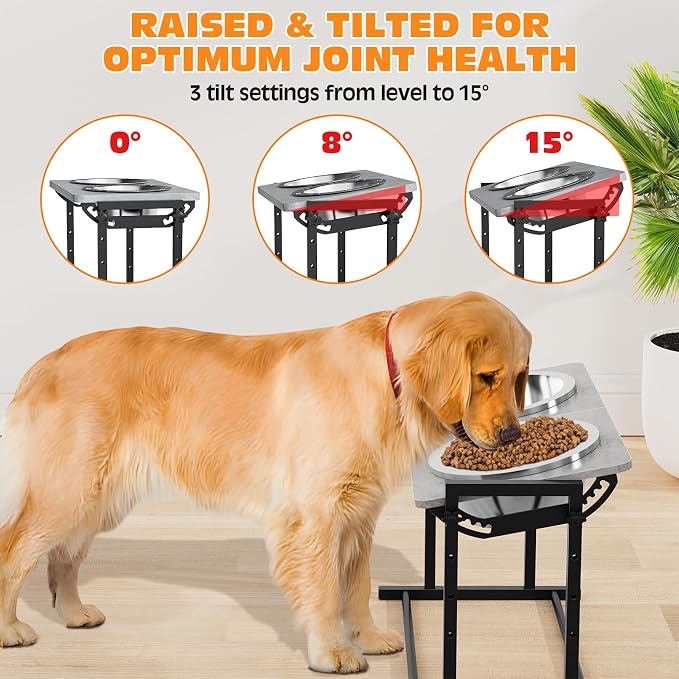 Elevated Dog Bowls for Large Dogs, 4 Height Adjustable Tilted Raised Dog Bowl Stand with 2 Stainless Steel 90 oz Bowls, 13.6" Tall Dogs Bowl Stand Feeder for Medium & Large Breed
