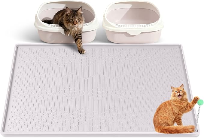 Silicone Cat Litter Box Mat 38'' x 25'' Cat Mat with Toy, White | Extra Large Litter Mat with lip, Non-Slip Waterproof Cat Litter Mat Litter Trapping Mat for Floor, Easy to Clean