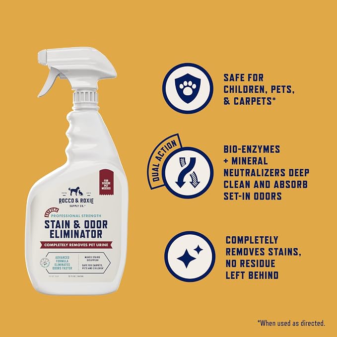 Rocco & Roxie Extreme Enzyme Stain & Odor Eliminator Spray | Bio-enzymatic + mineral formula; Meyer lemon scent; for carpets, bedding, litter boxes, crates, cars & laundry; made in USA