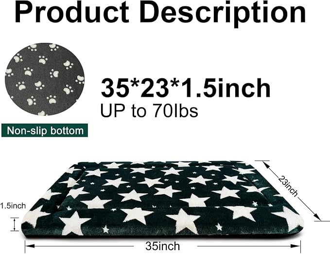Dog Bed Mat, Reversible Crate Pad & Durable Dog Bed - Machine Washable Kennel Mat with Ultra Soft for Large Dogs (Big&Small Stars Green, 35" L*23" W*1.5" Th)