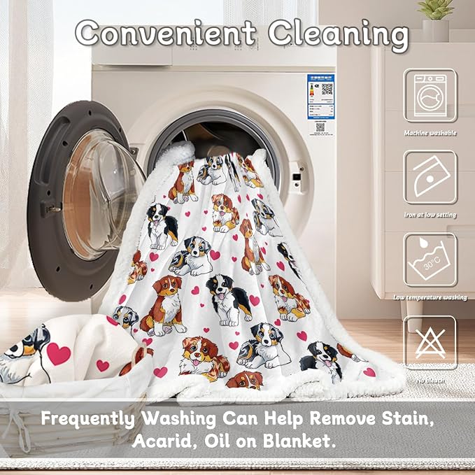 BlessLiving Red Hearts Dog Cat Print Plush Blanket Cute Puppy for Kids Adults 3D Animal Print Plush Blanket Gift for Pet Lovers (Australian Shepherd,Twin, 60 x 80 Inches)