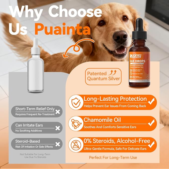 Dog Ear Cleaner Drops for Infection Treatment - 1 Fl Oz | Vet Formulated Patented Quantum Silver Water-Based Drops Soothe Ear Itching, Irritation, Cleans Wax, Odor, Free Finger Cots