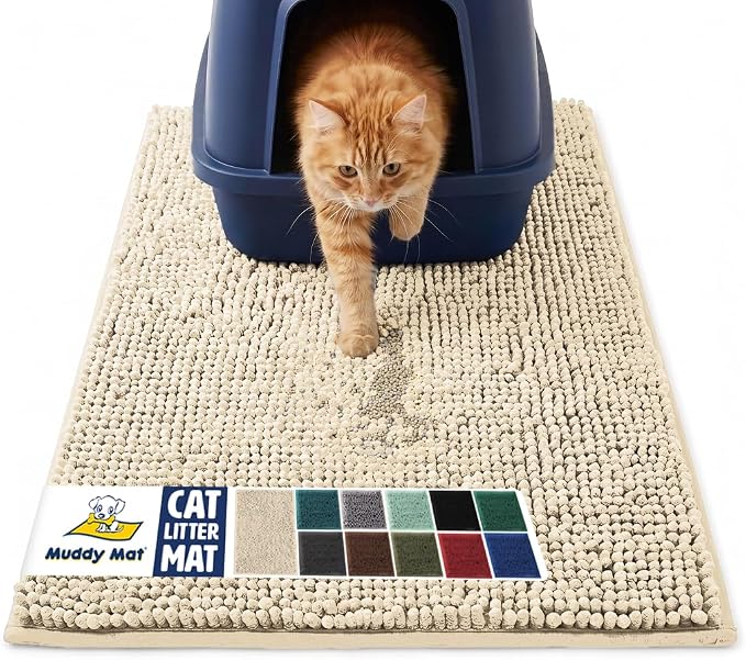 Muddy Mat® | Cat Litter Mat 18"x28", Litter Trapping Mat, Super Absorbent Scatter Control, Soft on Paws, Slip Resistant Washable Kitty Litter Mat, Traps Litter, Protects Floors, Beige