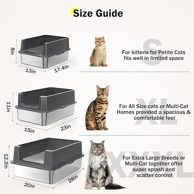 Stainless Steel Litter Box Extra Large for Big Cats Multi-Cats, Jumbo Extra Large Metal Cat Litter Box with High Sided Lid, Anti-Urine Leakage, Non-Stick,Include Litter Scoop