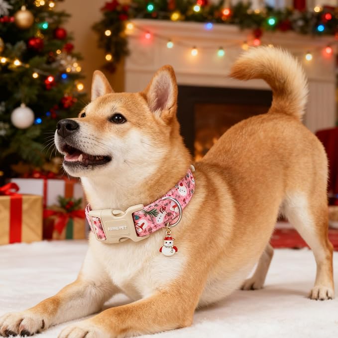 ARING PET Christmas Dog Collar-Cute Winter Pink Snowman Adjustable Xmas Pet Collars Puppy Collar with Quick Release Buckle for Girl&Boy Dogs-XS
