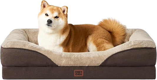 EHEYCIGA Orthopedic Dog Bed for Medium Dog, 35x22 Inch Memory Foam Dog Couch Bed with Sides, Waterproof Liner & Washable Removable Cover, Bolster Pet Sofa, Brown