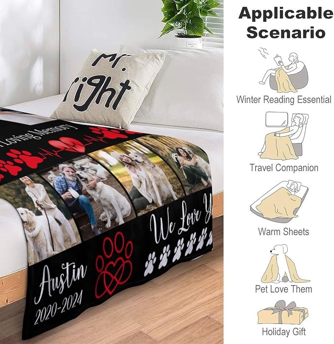 Personalized Dog Blankets with Photos Custom Dog Blanket with Pictures - Customized Pet Memorial Blanket Gifts for Loss of Dog, Loss of Pet Remembrance Gift, in Loving Memory Blanket for Dog Lover S