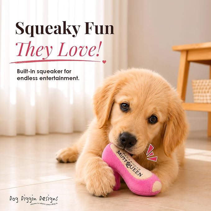 Dog Diggin Designs Pink MuttQueen Plush Dog Toy Shoe | Luxury-Inspired Parody Designer Heel with Squeaker, Soft Plush Fashion Dog Toy – High Heel Essentials