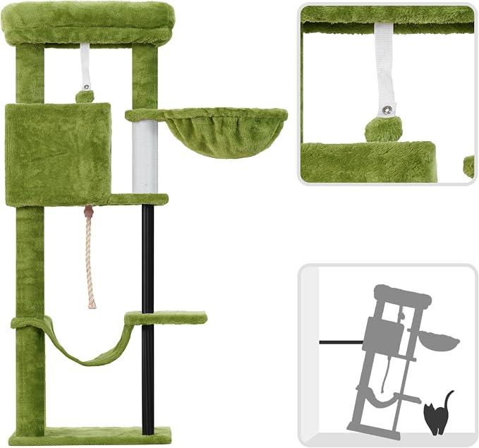 Cat Tree, 43.3'' Cat Tower with Hammock for Kittens GCT004SGR | Cat Condo House for Small Indoor Cats, Basket, Scratching Post, Large Platform, Sturdy Steel Tube, Sisal Rope, Green