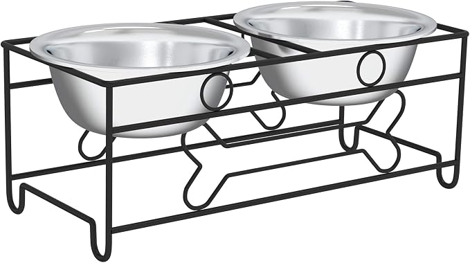 Set of 2 Stainless Steel Dog Bowls - 40oz Pet Bowls with Decorative Dog Food Stand - Metal Food and Water Dishes for Large Pets - Puppy Essentials by PETMAKER (Silver/Black)