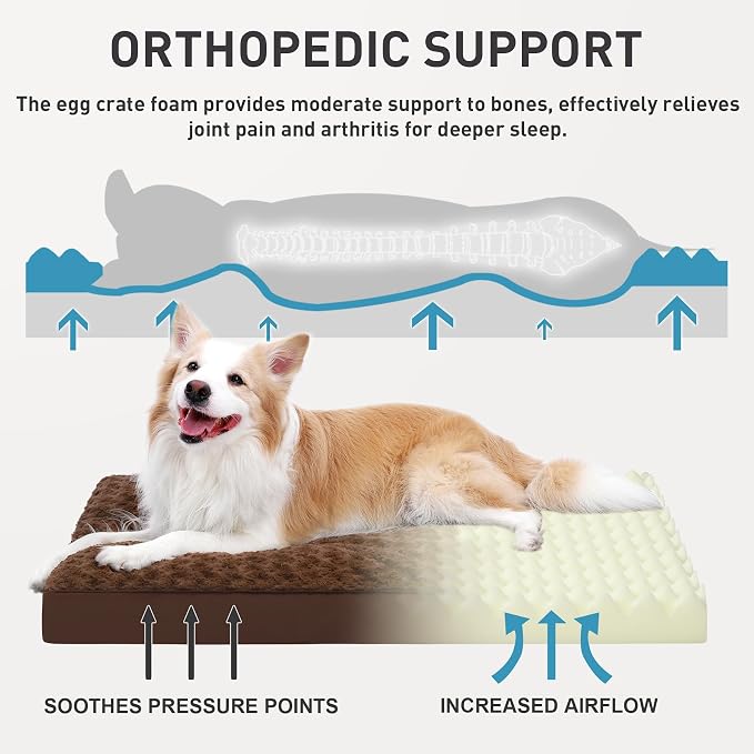 KSIIA Washable Dog Bed for Crate Waterproof for Medium Dogs,35x22 in,Brown | 3in egg crate foam,orthopedic support,Soft rose velvet,3ply waterproof fabric,removable cover,anti-slip base,washable