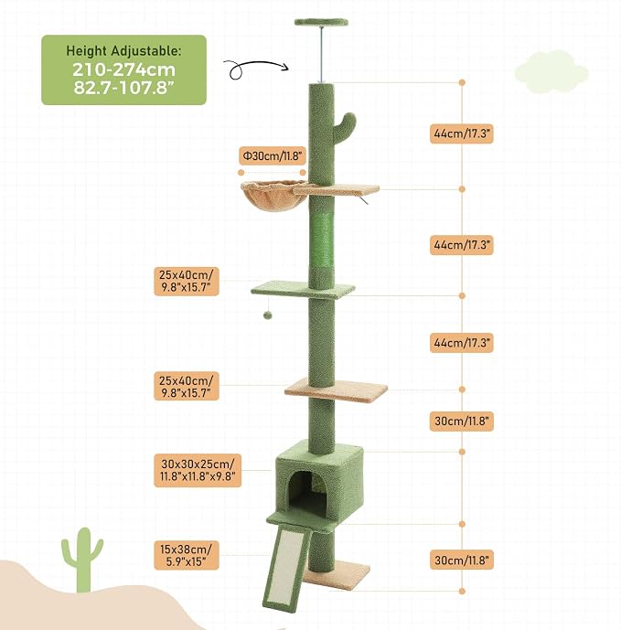 PEQULTI Floor to Ceiling Cat Tree, Adjustable 83-108in 5-Level Tower, Green | Tension-mounted tall cat tower with 5 levels, cozy condo, hammock & sisal scratching post; wide base for indoor adult cats
